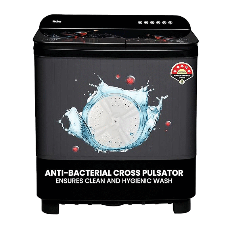 Haier 9 kg 5 Star Toughened Glass & Vortex pulsator Semi Automatic Top Load (HTW90-178FLN,Black)